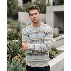 Vintage L Tricots St Raphael Sweater Mens Blue Green‎ Striped 80s Made in USA